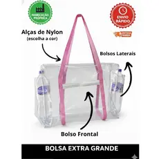 Bolsa Transparente EXTRA GRANDE JUMBO Bolsos laterais e frontal Cristal PVC Alça Nylon Praia Piscina uso institucional