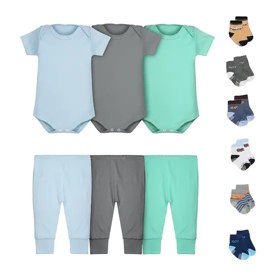 Kit 12 Peças Body Bebê Menino Manga Curta Calça Mijão e Meias