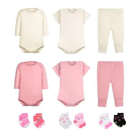Kit 12 Peças Body Bebê Menina Longa e Curta Calça Mijão e Meias
