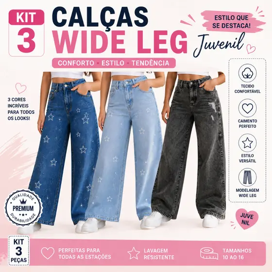 Kit 3 Calças Jeans Estampadas Wide Leg Pantalona Meninas