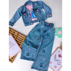 Conjunto Stitch Jaqueta e calça jeans bordada