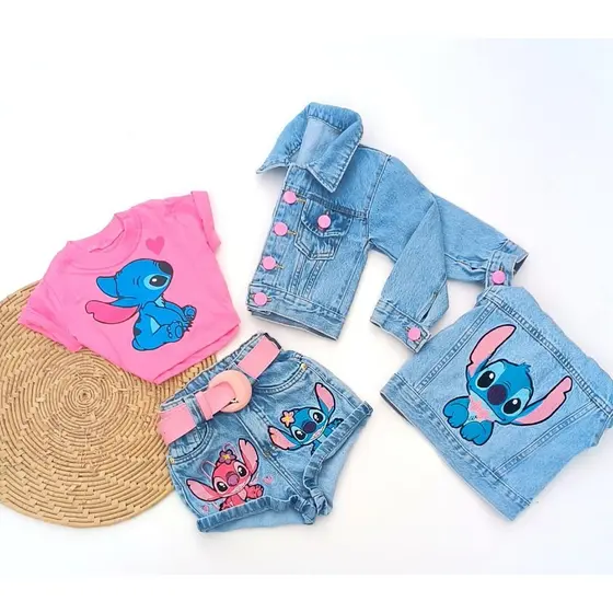 Conjunto Stitch 3 peças Jaqueta jeans - short e cropped