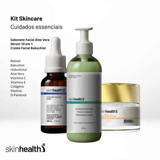 Kit Skin Care Completo - Anti-Idade - Sabonete Aloe Vera + Sérum 10 em 1 + Creme Bakuchiol Skinhealth
