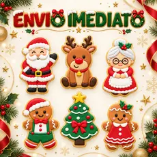 Kit Natal 6 Cortadores e Marcadores para Biscoitos 6cm Papai Noel Rena Árvore Gingerbread Mamãe Noel com Puxador