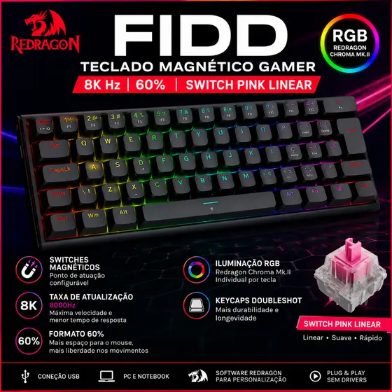 Teclado Gamer Magnético Redragon Fidd K683BW-RGB PT 60% RGB 8KHz Switch Pink Linear USB Preto