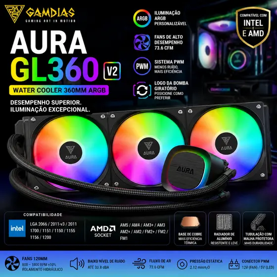 Water Cooler 360mm Gamdias Aura GL360 V2 ARGB Preto