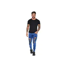 Calça Jeans Masculina Rasgada Skinny Destroyed Com Zíper Na Barra