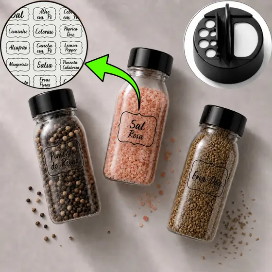 Kit Potes 120/200/300ml de Tempero para Cozinha + 25x Etiquetas Tempero 3D com Envio Rápido
