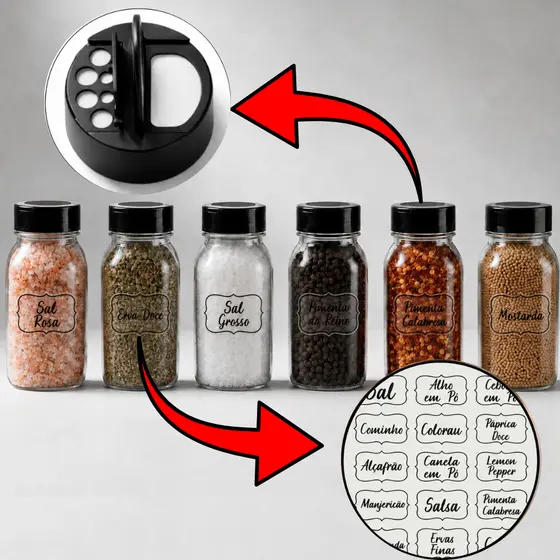 Kit Potes Tempero 200ml Reforçado + Adesivos Tempero | Envio Imediato