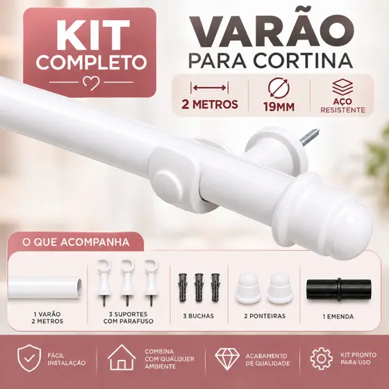 Varão para Cortina 2m 19mm em Aço Kit Completo Suportes Ponteiras Parafusos Buchas Várias Cores Resistente