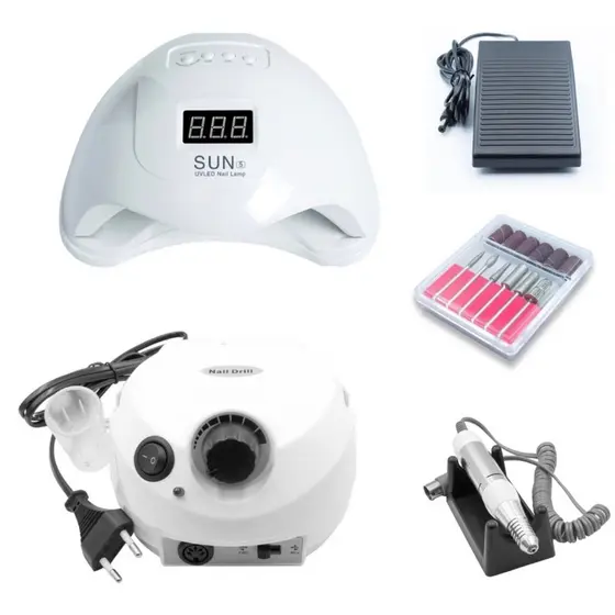 Kit Alongamento Gel Acrigel Motor Nail Drill e Cabine Sun 5 UV LED