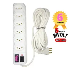 Filtro de Linha 5M Régua elétrica 6, 5, 4 e 3 Tomadas Cabo 5 Metros de fio Fusível 110v-220v Branco