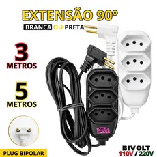 Extensão 90° Plug Bipolar 3 Tomadas Tripolar 3 ou 5 Metros Branca ou Preta Bivolt 110V/220 10 Amperes
