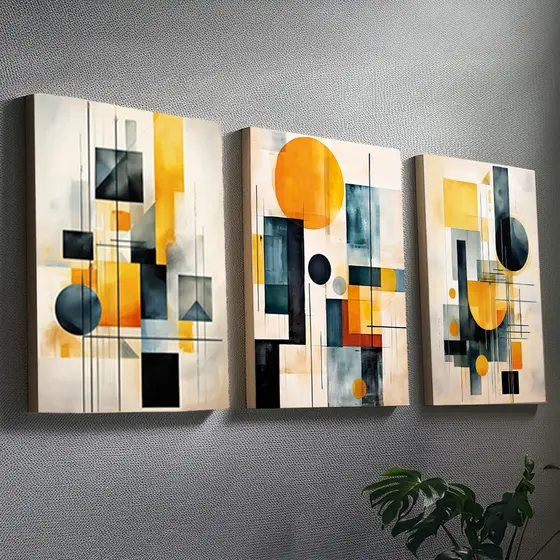 Kit de Quadros Decorativos Abstratos Geométricos - Trio em Tela Acetinada, Arte Moderna, Pronto para Pendurar