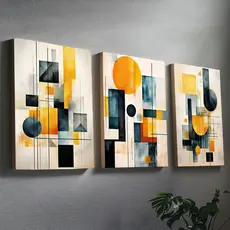 Kit de Quadros Decorativos Abstratos Geométricos - Trio em Tela Acetinada, Arte Moderna, Pronto para Pendurar
