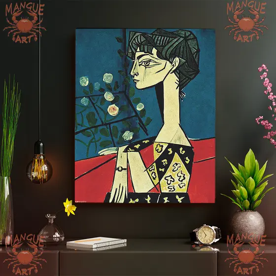 Quadro decorativo. Pablo Picasso, Jaqueline com flores, arte moderna, cubismo. impressão em tela acetinada.
