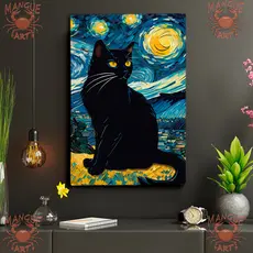 Quadro Decorativo Noite Estrelada com Gato Preto - Elegância e Mistério, Pronto para Pendurar