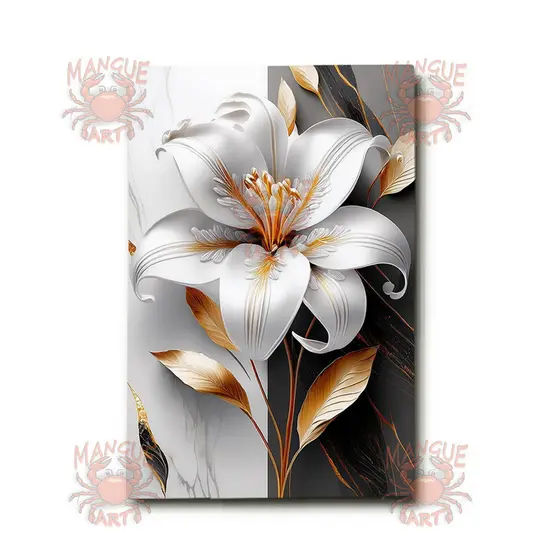 Quadro Decorativo Lírio Branco e Dourado - Elegância em Tela Acetinada, Impressão de Alta Qualidade, Pronto para Pendura