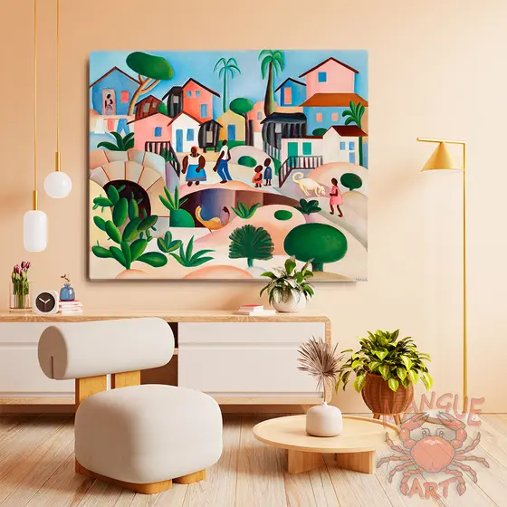 Quadro Tarsila do Amaral , Morro da favela. arte moderna em tela acetinada. Pronto para pendurar.