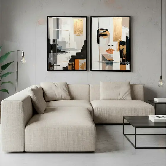 Duo Quadro Abstrato Horizonte Dourado Rosto de Mulher– Preto, Branco e Dourado em Tela Moderna