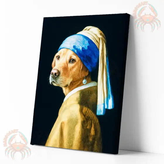 Quadro Decorativo Dog com Brinco de Pérola – Arte Pet Moderna para Paredes, obra famosa com rosto de cachorro.