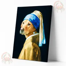Quadro Decorativo Dog com Brinco de Pérola – Arte Pet Moderna para Paredes, obra famosa com rosto de cachorro.