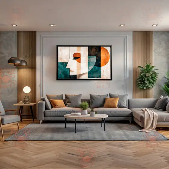 Quadro Decorativo Abstrato Geométrico Rosto Moderno – Tela Acetinada com Moldura para Decoração Sofisticada