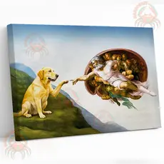 Quadro decorativo Cachorro Criação de Adão – Releitura Divertida da Obra Famosa de Michelangelo. tela acetinada