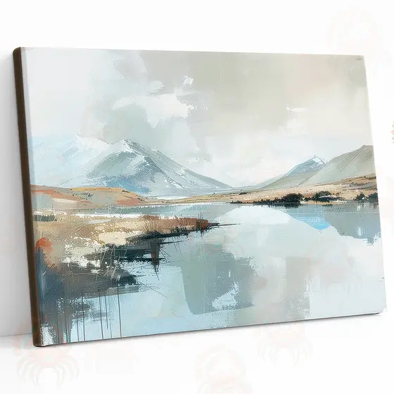 Quadro Paisagem Abstrata – Montanhas e Lago em Tons Neutros, Arte Contemporânea Minimalista tela acetinada