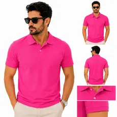 Camisa Polo Rosa Pink Masculina Premium Piquet Lisa Sem Punho Casual Uniforme