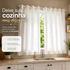Cortina Cozinha Janela 2,00m x 1,20m Voil Branco com Forro Duplo Ilhós para Varão