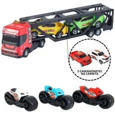 KIT CAMINHÃO CEGONHEIRO 2 CARRINHOS E 3 MOTINHAS MINIATURA BRINQUEDOS INFANTIL PRESENTE MENINO
