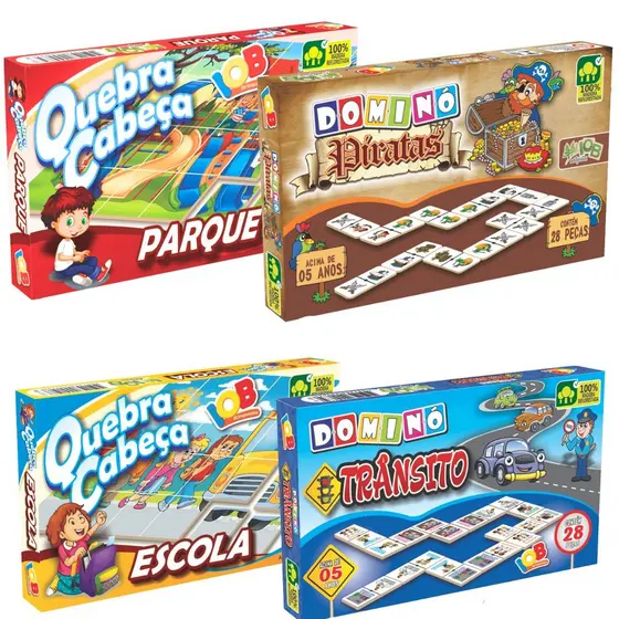 Kit 4 Jogos Educativos Didático Madeira Aprenda Brincando Domino Quebra Cabeça