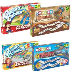 Kit 4 Jogos Educativos Didático Madeira Aprenda Brincando Domino Quebra Cabeça