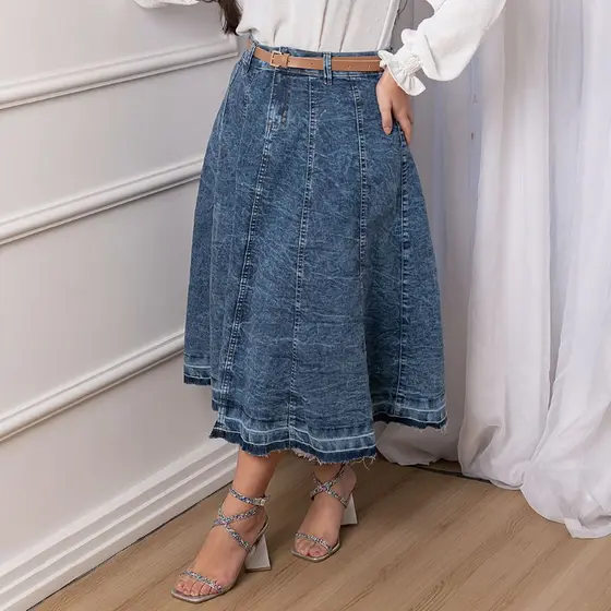 Saia Jeans Rodada Marmorizada Midi com Cinto de Couro Moda Feminina Evangélica Cristã Ref. 1218