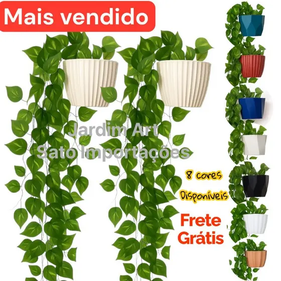 PAR de Vaso plastico cerâmico + 4 Planta Pendurada Verde Artificial Bambu Parede Varanda