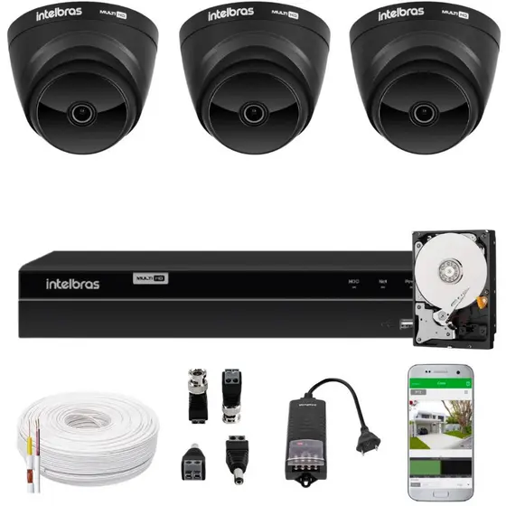 Jogo Monitoramento Cameras Segurança Intelbras Via App Dvr 4 Canais e 3 Cameras Black Internas