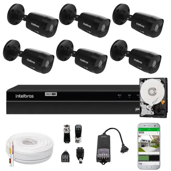 Jogo Monitoramento Cameras de Segurança Intelbras Via App Dvr 8 Canais e 6 Câmeras Black