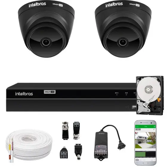 Jogo Monitoramento Câmeras Segurança Via App Dvr 4 Canais Intelbras Mhdx 2 Câmeras Internas Black