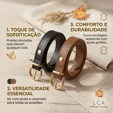 Cinto Feminino em Couro Sintético Fivela Dourada Elegante Preto ou Caramelo Versátil para Todas Ocasiões