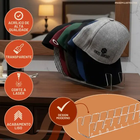Suporte Organizador de Bonés Premium Slim em Acrilico - para 7, 5 ou 3 Bonés