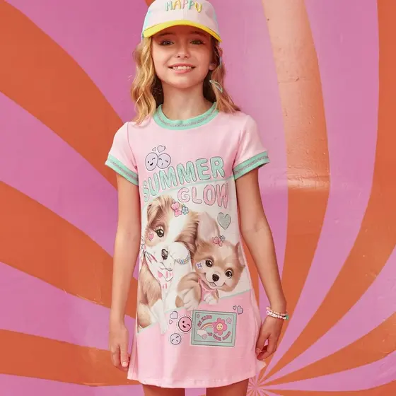 Vestido Infantil Verão Em Molecotton Cachorrinhos - Rosa  Kukiê