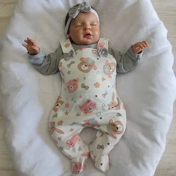 Roupa Macacão Bebê Menina Jardineira com Body Manga Longa Kids Ursinha Juju Mescla