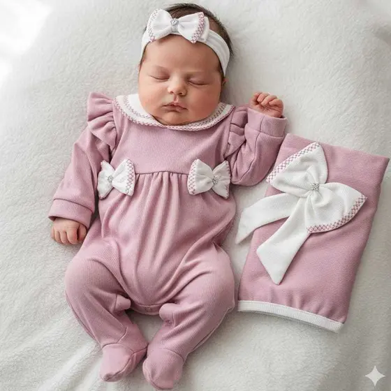 Saída de Maternidade Bebê Menina Lacinhos Tutti Olivia Liz Rosê/Marsala - Tamanho P