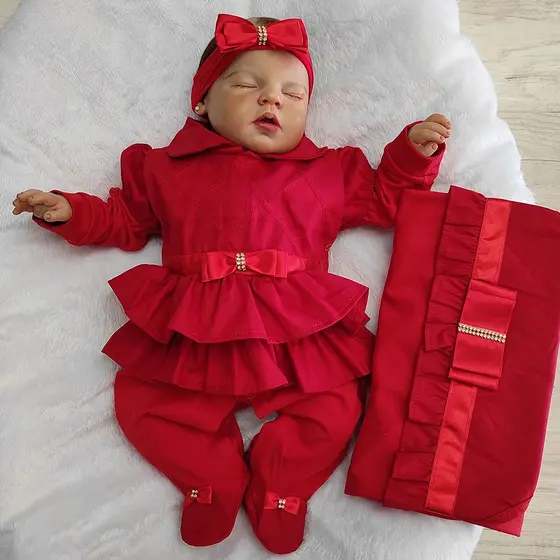 Saída de Maternidade Sonho Meu Para Bebê Menina Imperatriz Vermelha e Rosê com Manta - Tam. P