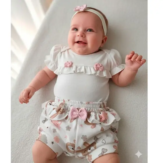 Conjunto Menina Verão Body Manga Curta com Shorts Kids Lola Palha P, M e G