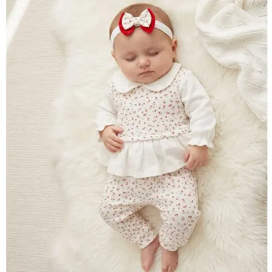 Conjunto Menina Luxo Bebê Blusa Manga Longa com Mijão Kids Flora Vermelho/Marinho