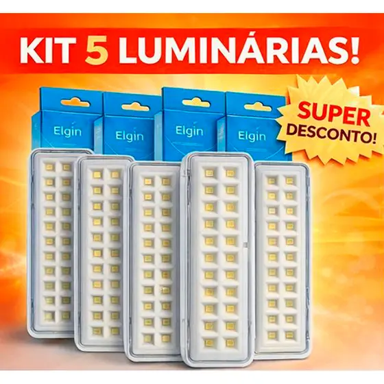 Kit 5 Luminárias de Emergência Elgin 30 LEDs Bivolt Luz Forte Automática Não Fique no Escuro