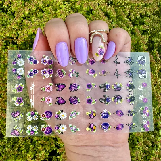 Cartelão Adesivos de Unha 3D Flores e Borboletas Roxo Ref.ad56