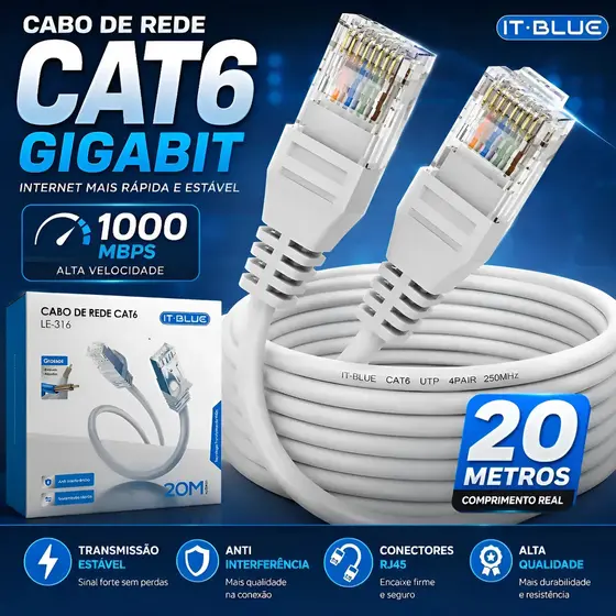 Cabo De Rede Cat6 20m Ethernet Lan Rj45 Internet Gigabit 100